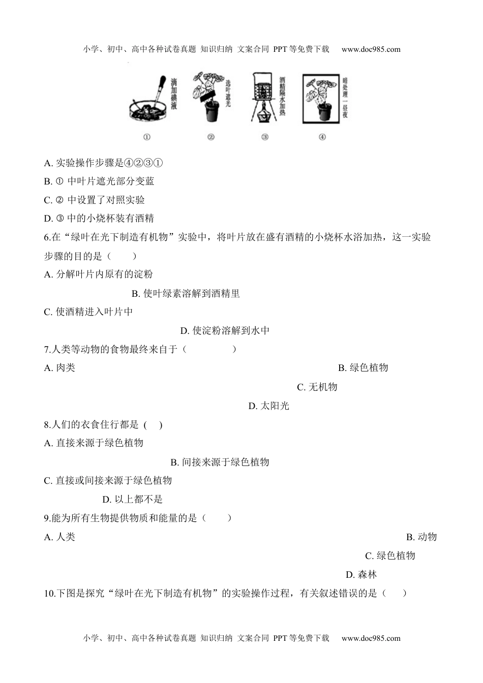 3.4 绿色植物是生物圈中有机物的制造者（习题）-2022-2023学年七年级生物上册同步优质备课资源（人教版）（原卷版）.docx