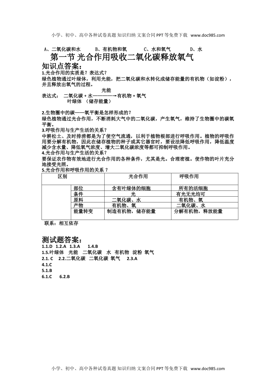 初中七年级生物上册《光合作用吸收二氧化碳释放氧气》习题5 含答案.doc
