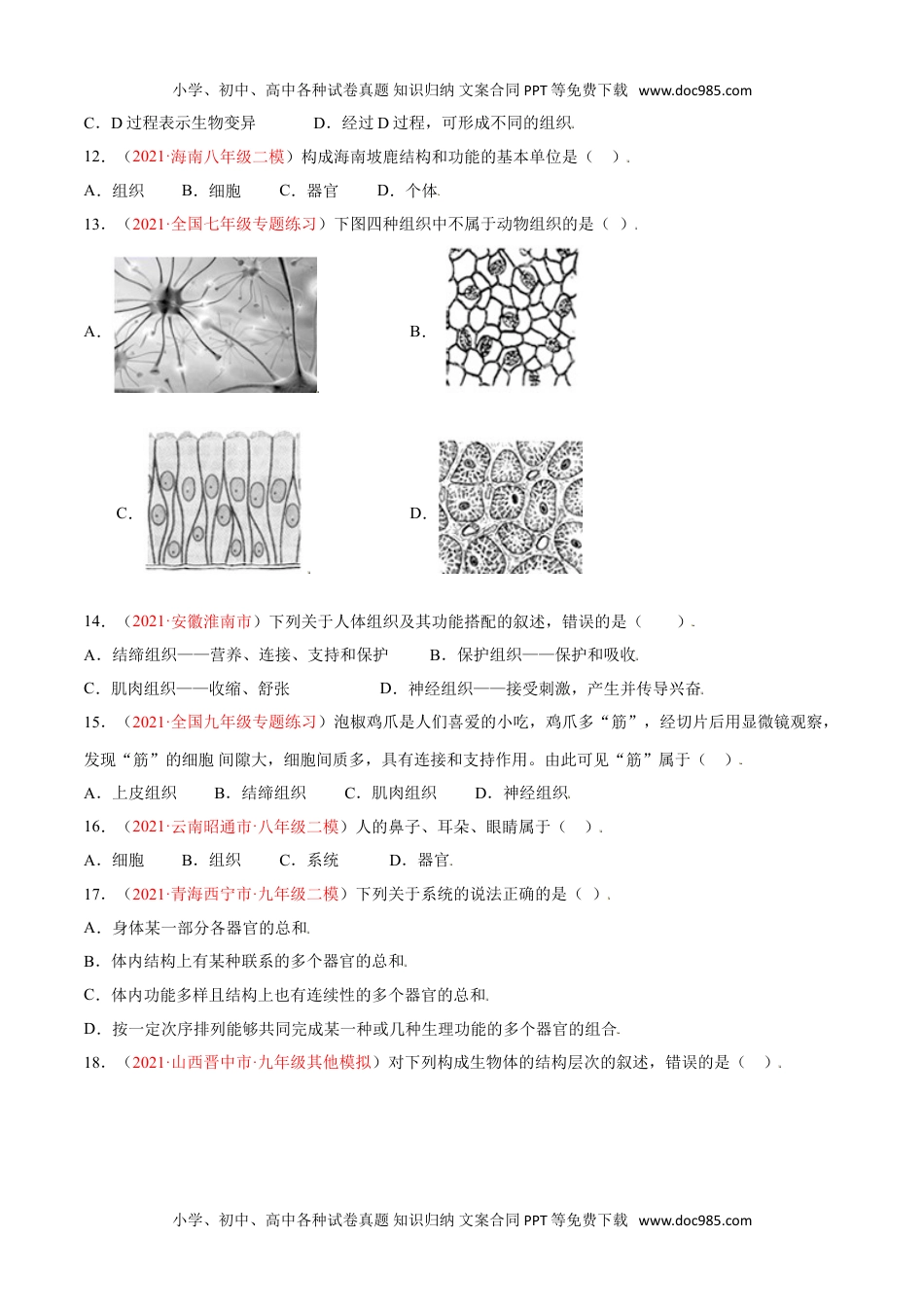 初中七年级生物上册第02单元第02章   细胞怎样构成生物体单元测试 （B卷·提升能力）（原卷版）.doc