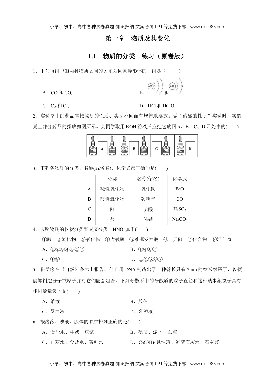 1.1 物质的分类 练习（原卷版）.docx