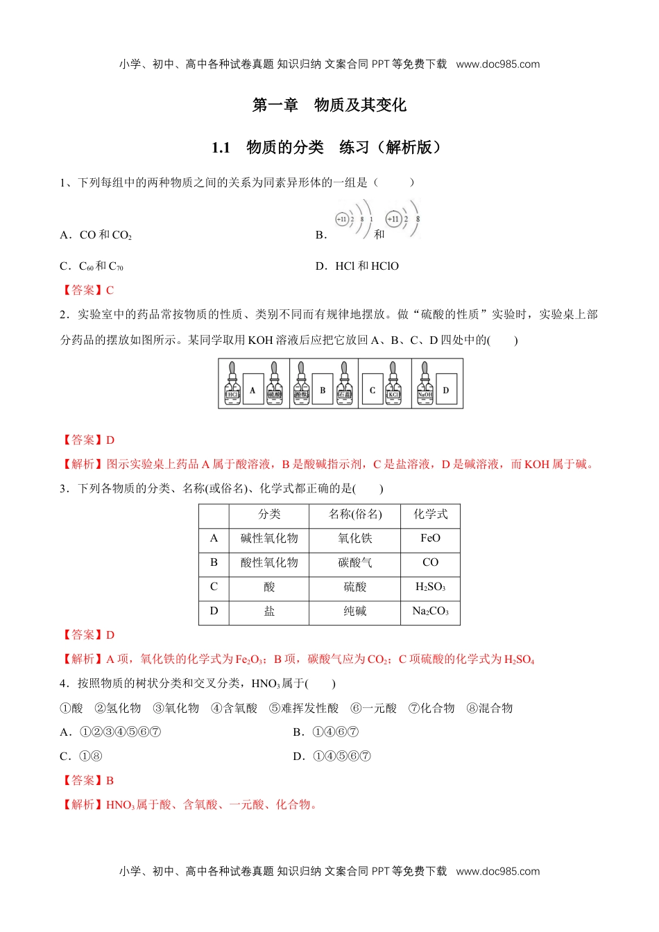 1.1 物质的分类 练习（解析版）.docx