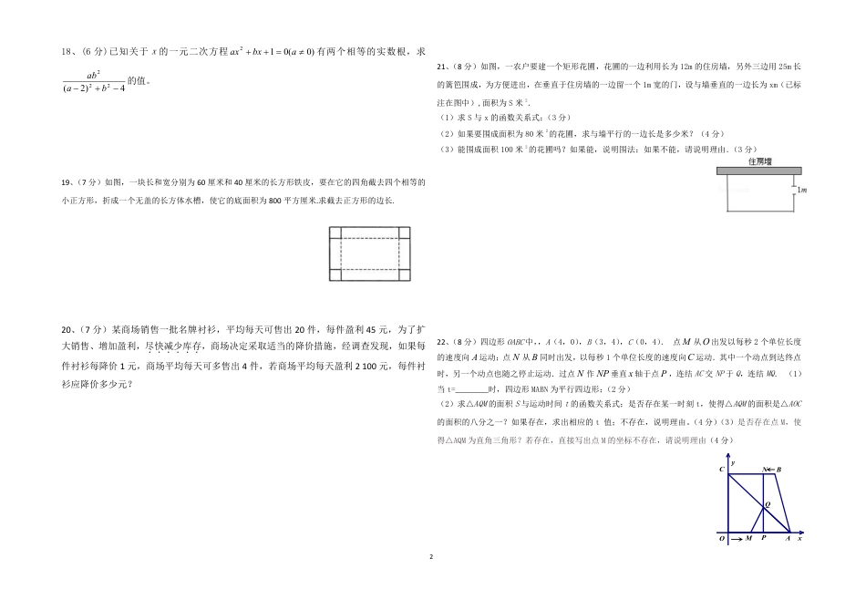 2017-2018学年深圳高峰学校九年级第一学期第一章《一元二次方程》单元测试题（无答案）单元检测.pdf