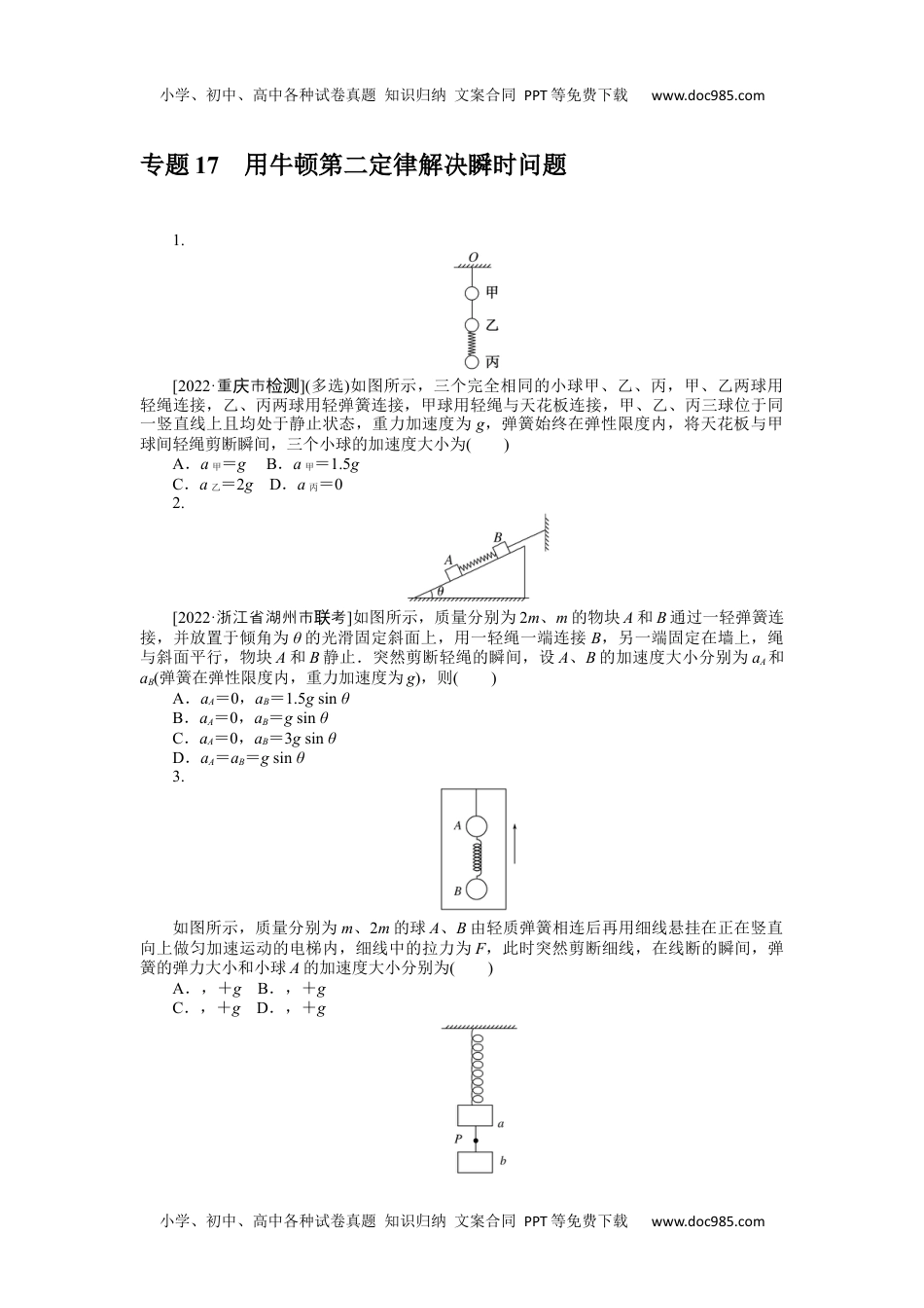 高中2023《微专题·小练习》·物理·新教材·XL-5专题17用牛顿第二定律解决瞬时问题.docx