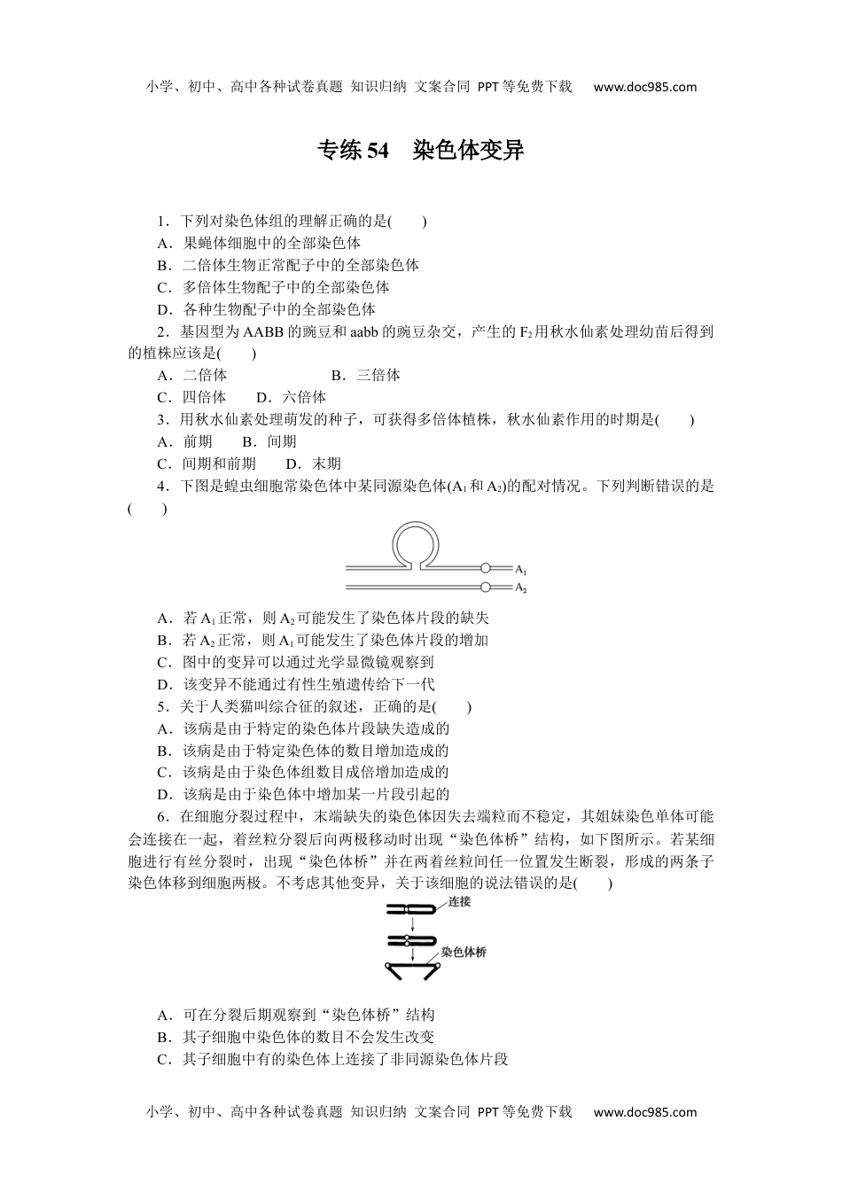 高中2023《微专题·小练习》·生物·新教材·XL-7专练54　染色体变异.docx