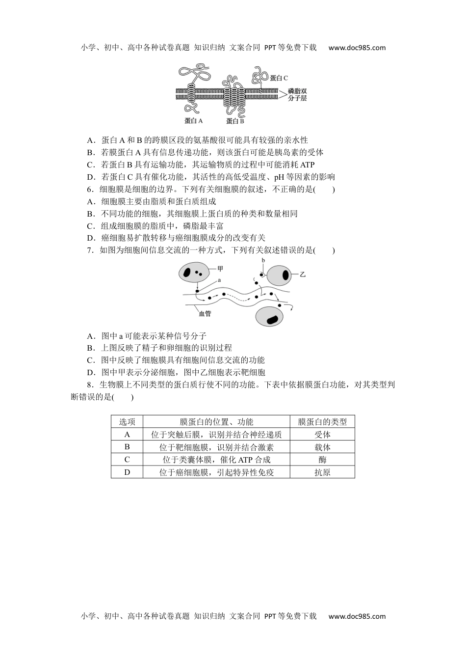 高中2023《微专题·小练习》·生物·新教材·XL-7专练9　细胞膜的结构和功能.docx