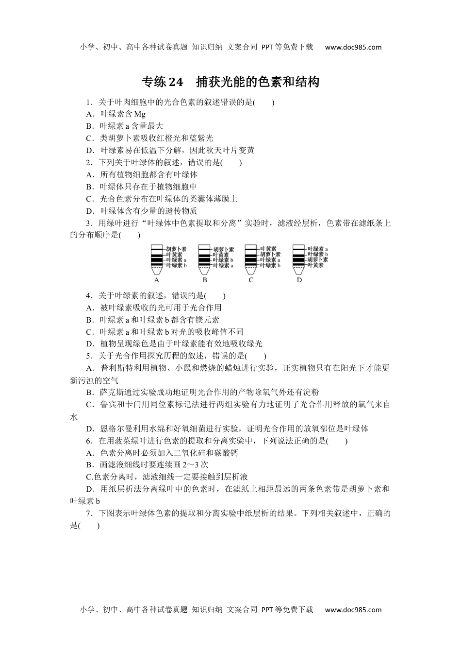 高中2023《微专题·小练习》·生物专练24　捕获光能的色素和结构.docx