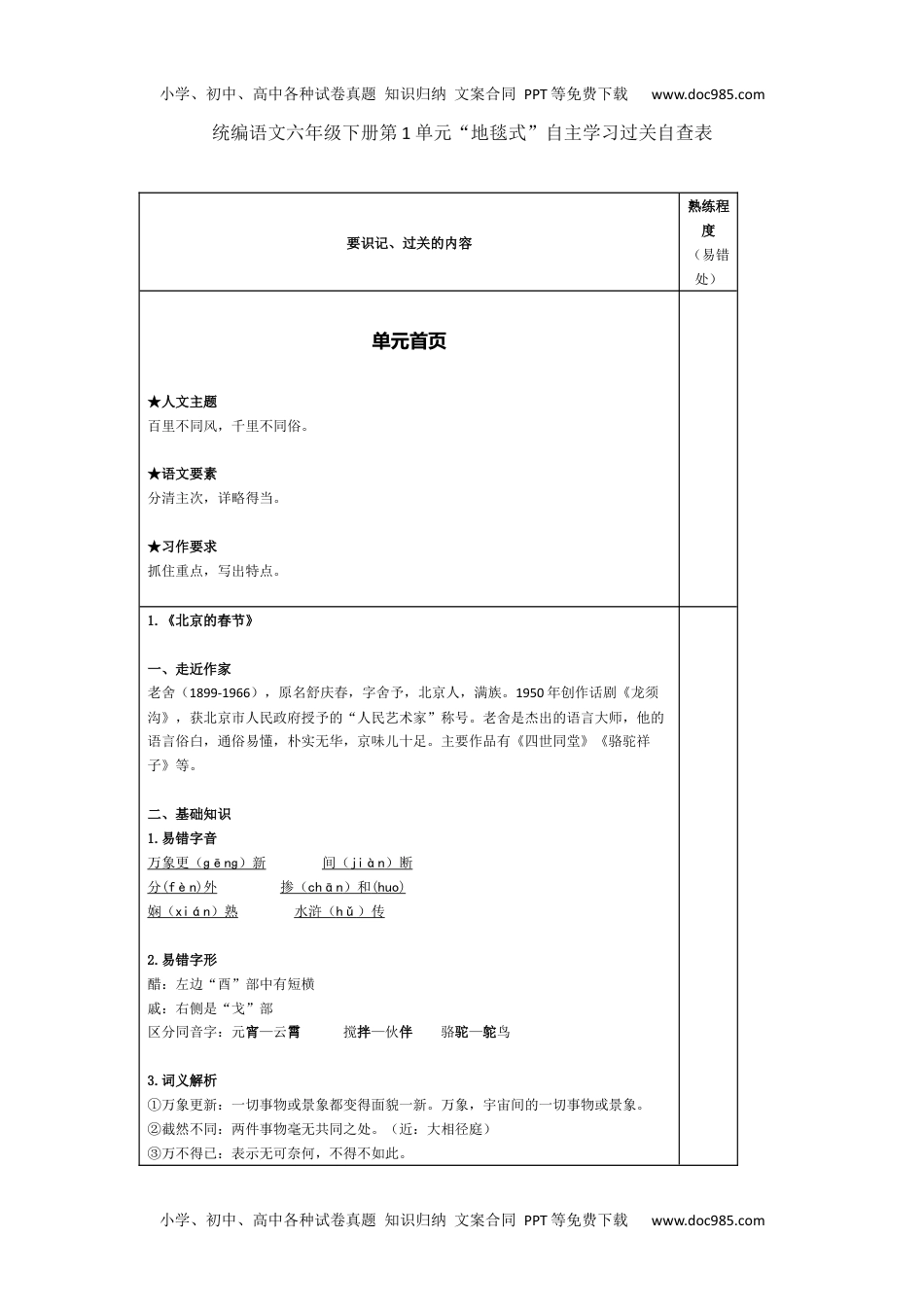 统编语文六年级下册第1单元“地毯式”自主学习过关自查表.docx