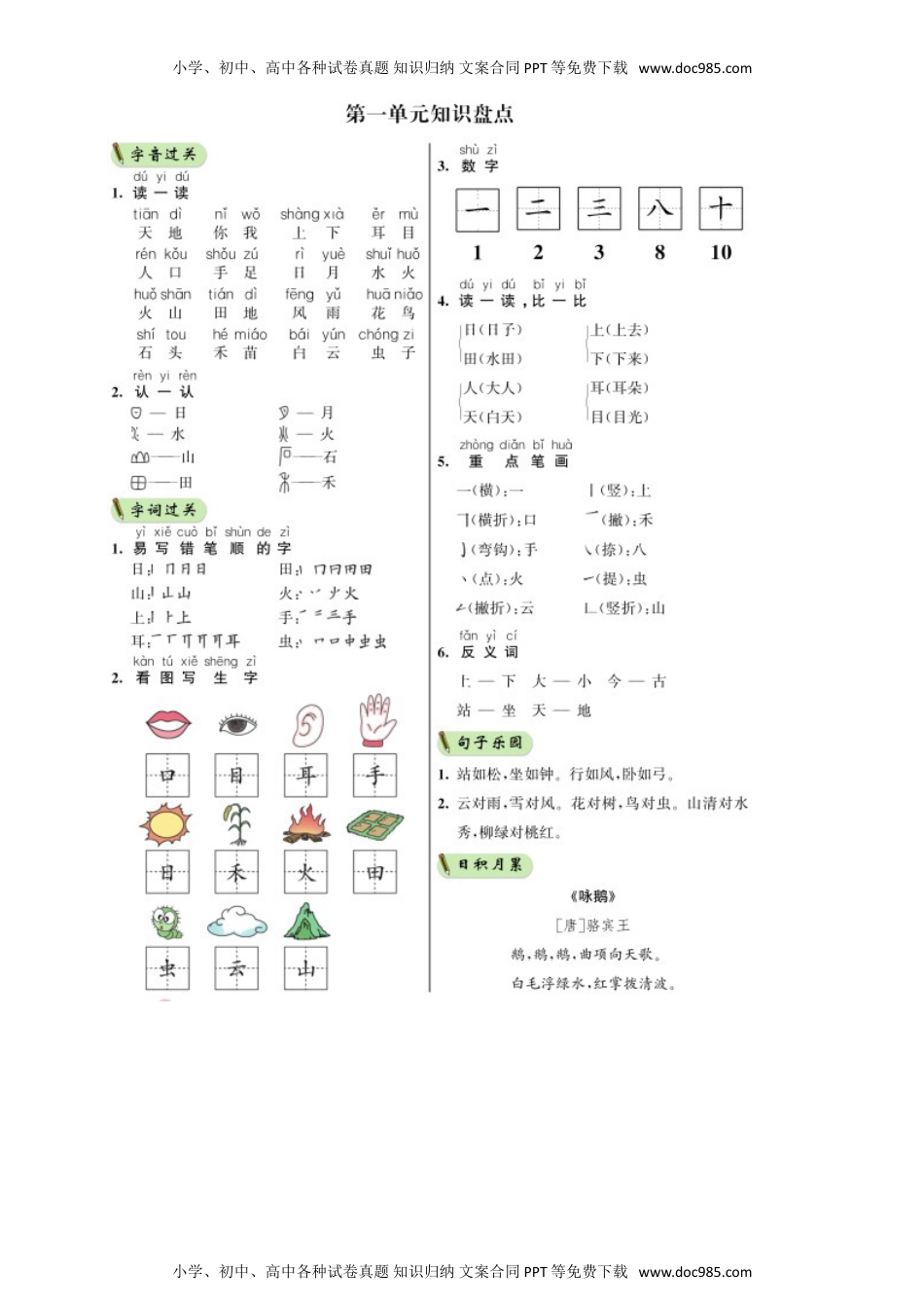 小学一年级语文上册第1单元 知识盘点同步练习（部编版）.doc