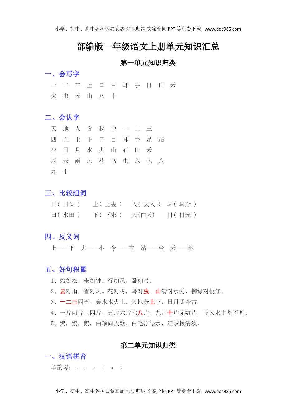 小学一年级语文上册各单元知识点汇总.doc