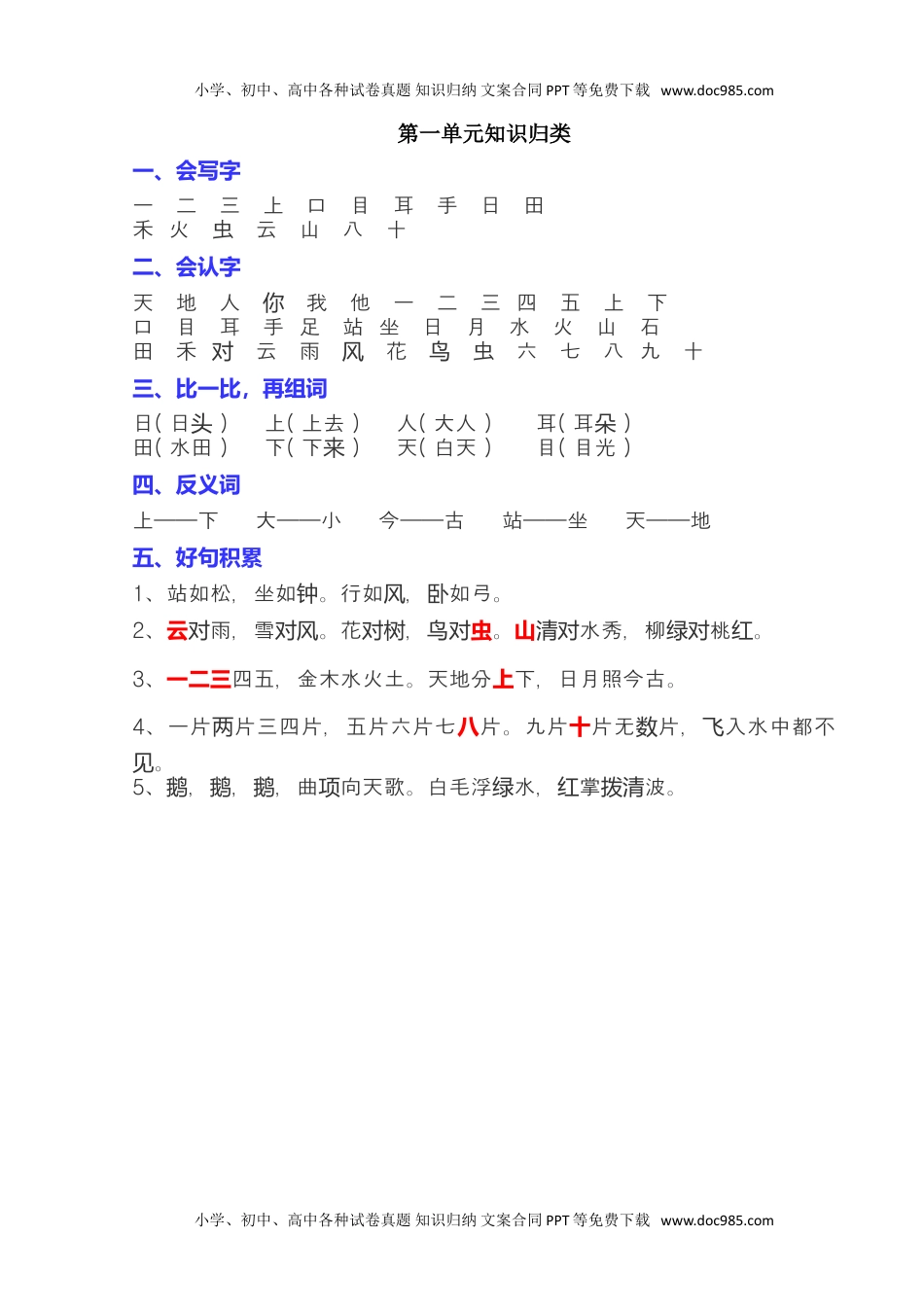 小学一年级语文上册全册单元知识点归类汇总.doc