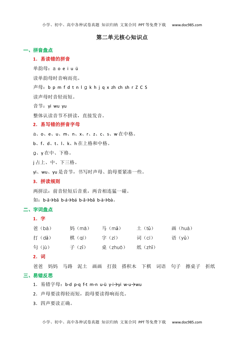 小学一年级语文上册第二单元核心知识点.docx