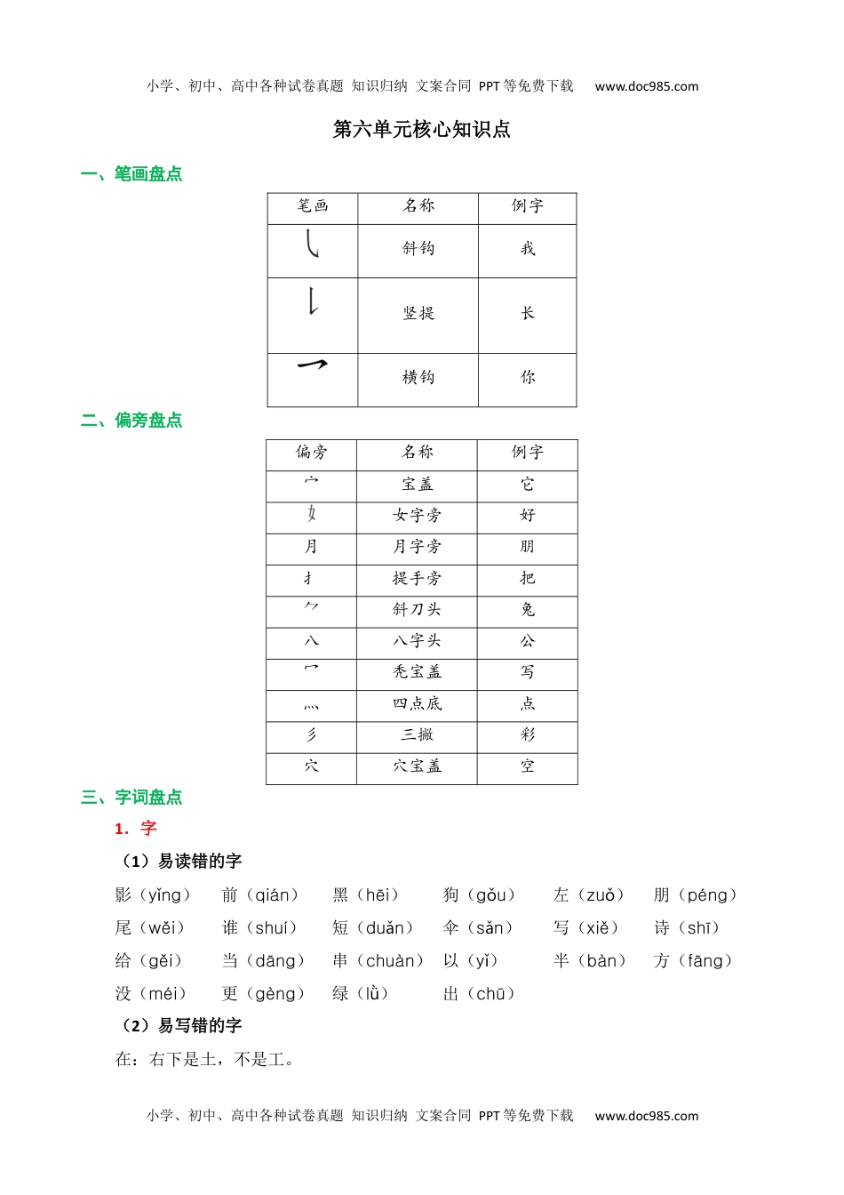 小学一年级语文上册第六单元核心知识点.docx