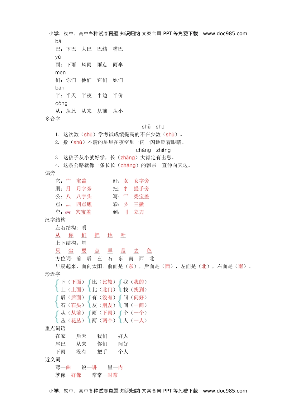 小学一年级语文上册第六单元知识小结.docx