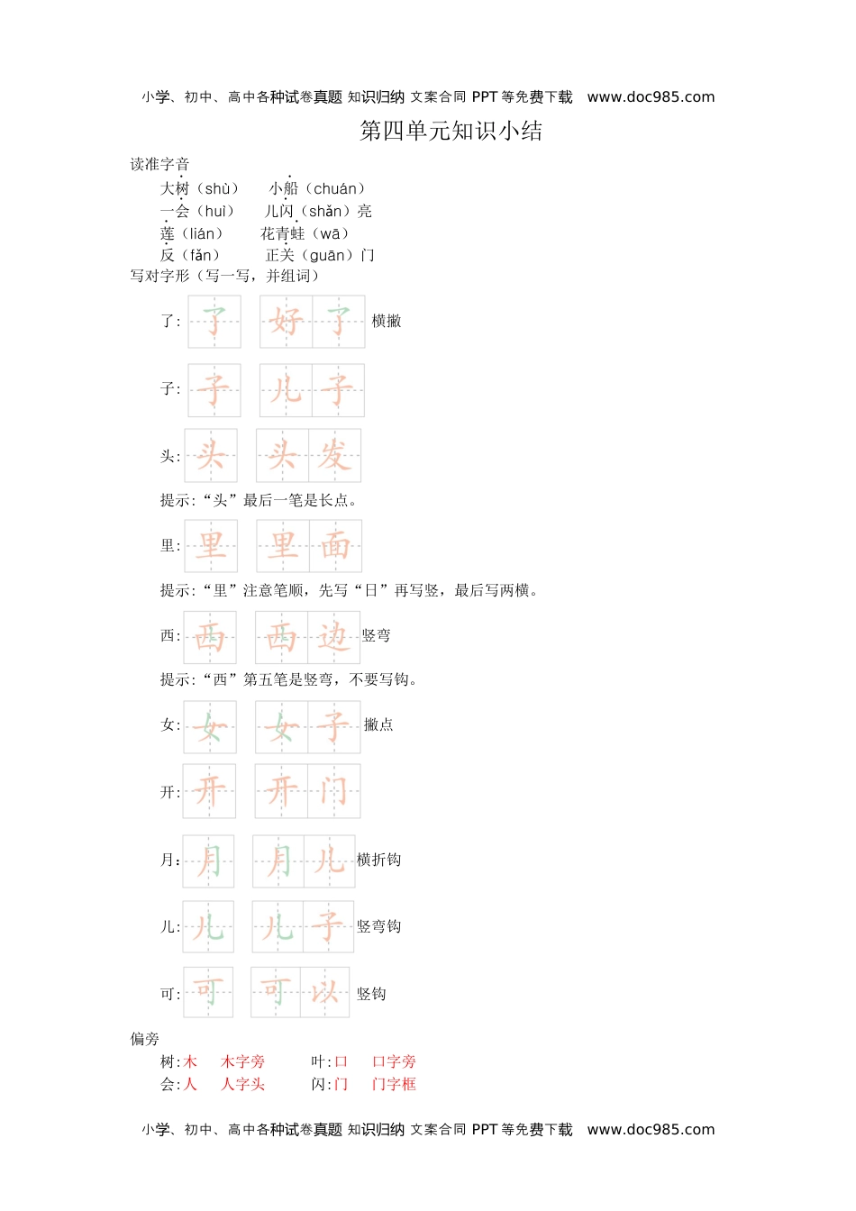 小学一年级语文上册第四单元知识小结.docx