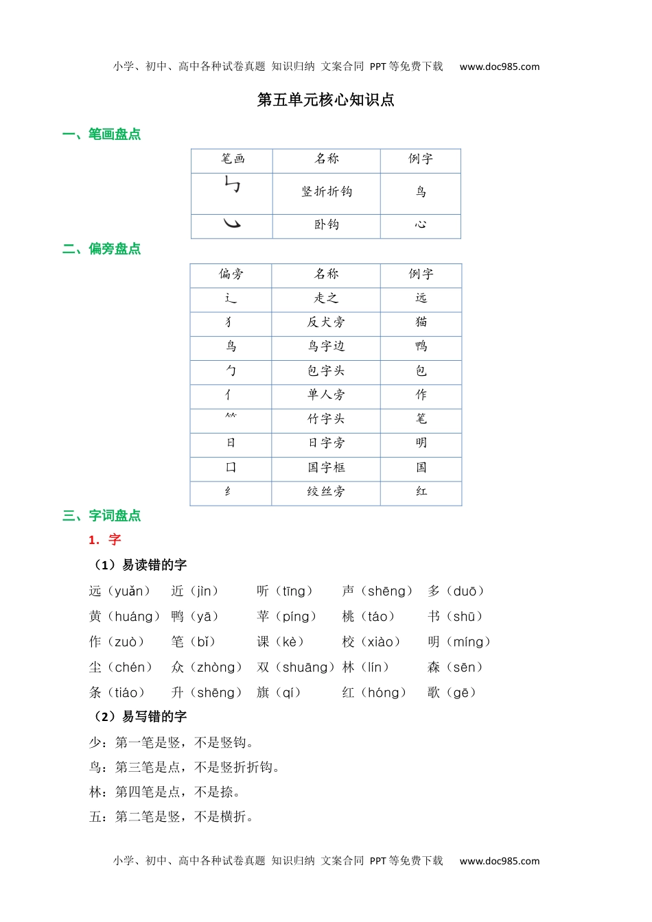 小学一年级语文上册第五单元核心知识点.docx