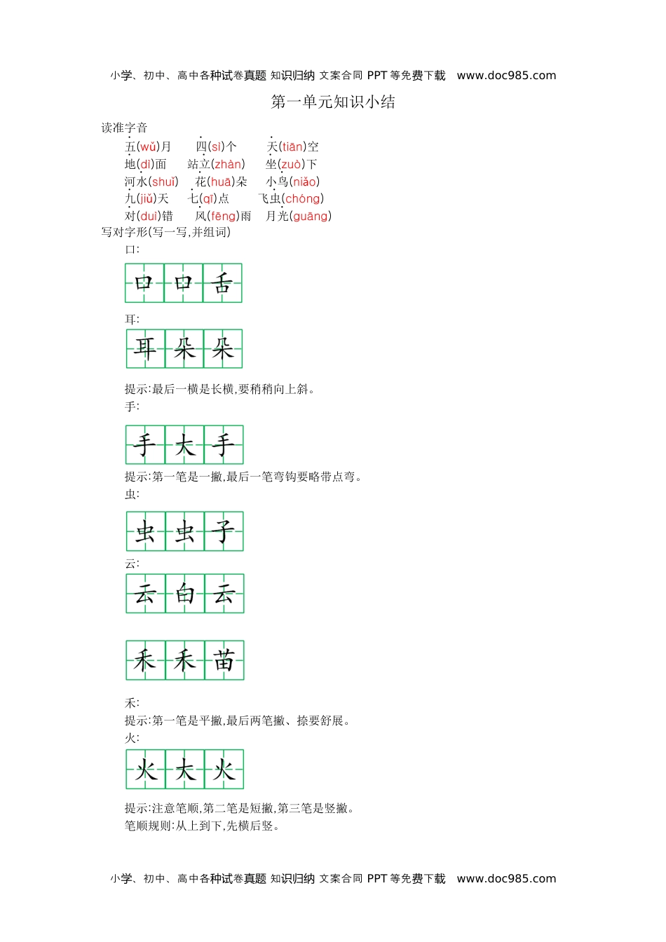 小学一年级语文上册第一单元知识小结.docx