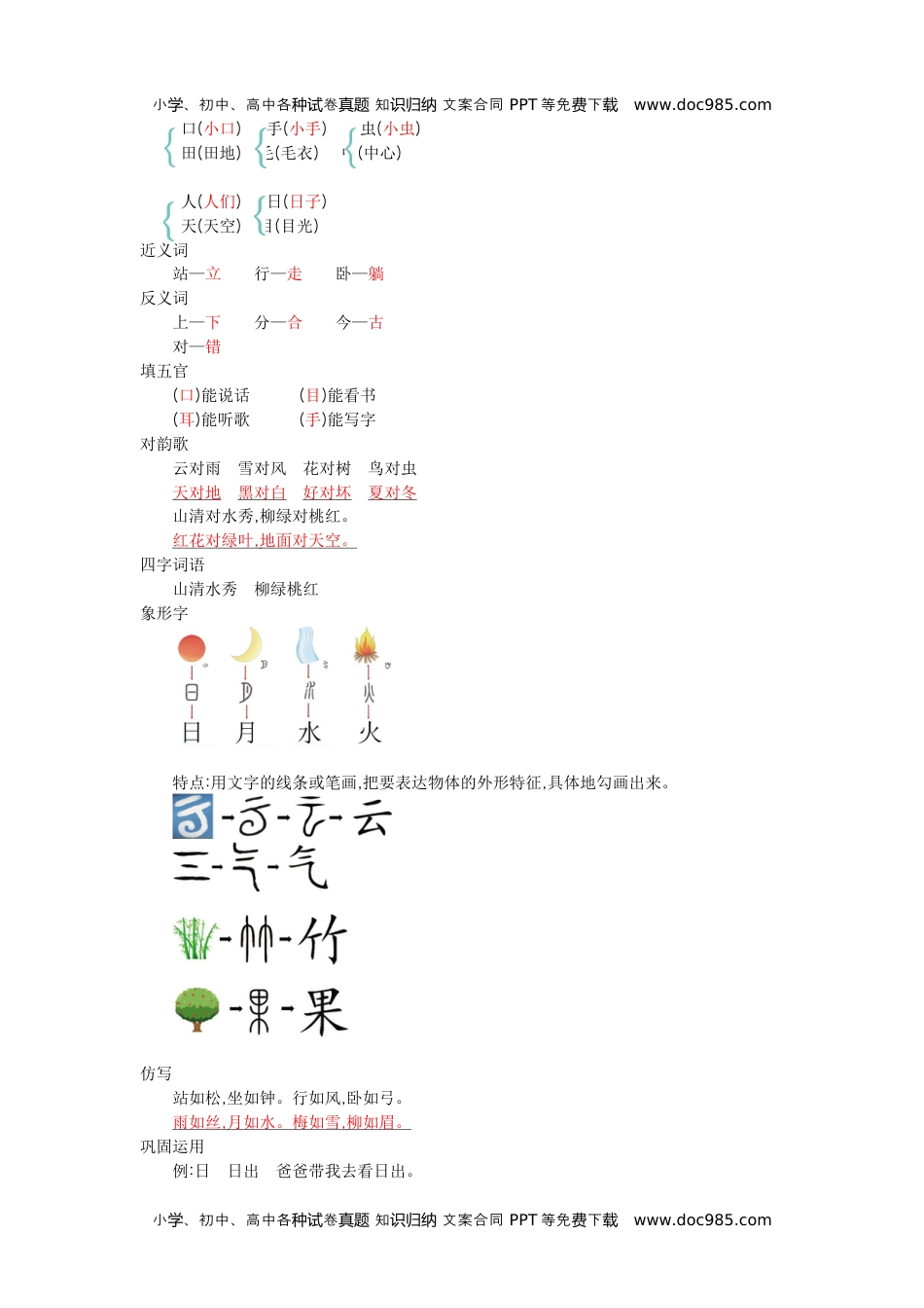 小学一年级语文上册第一单元知识小结.docx