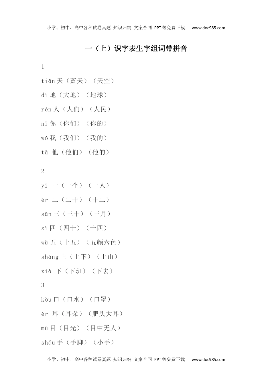 小学一年级语文上册识字表生字组词带拼音.docx