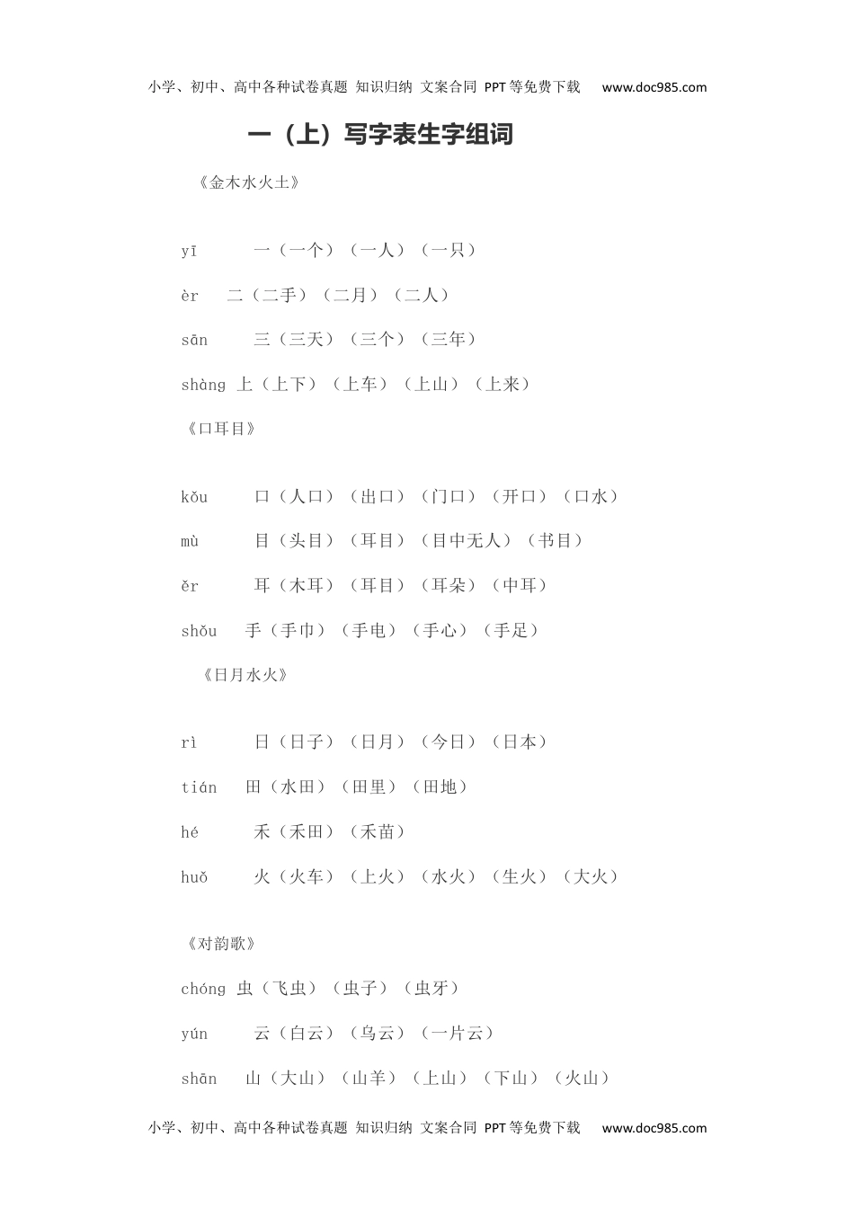 小学一年级语文上册写字表生字组词.docx