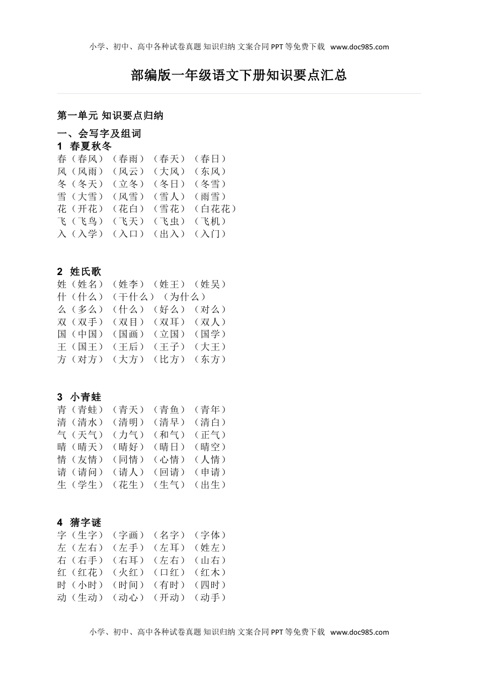 小学一年级语文下册知识要点汇总.doc