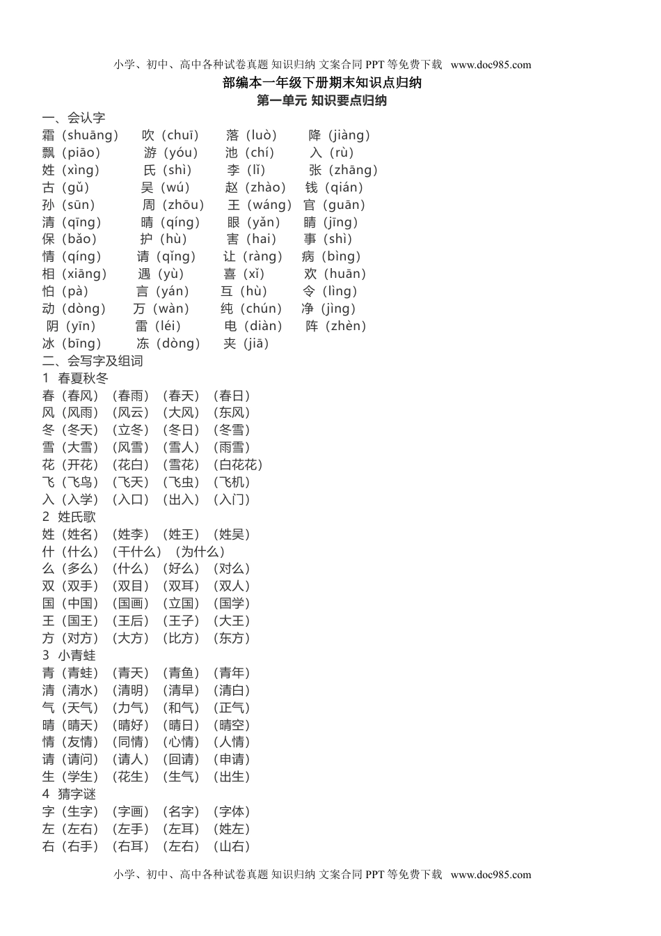 小学一年级语文下册单元知识点总结(全册1-8单元).doc