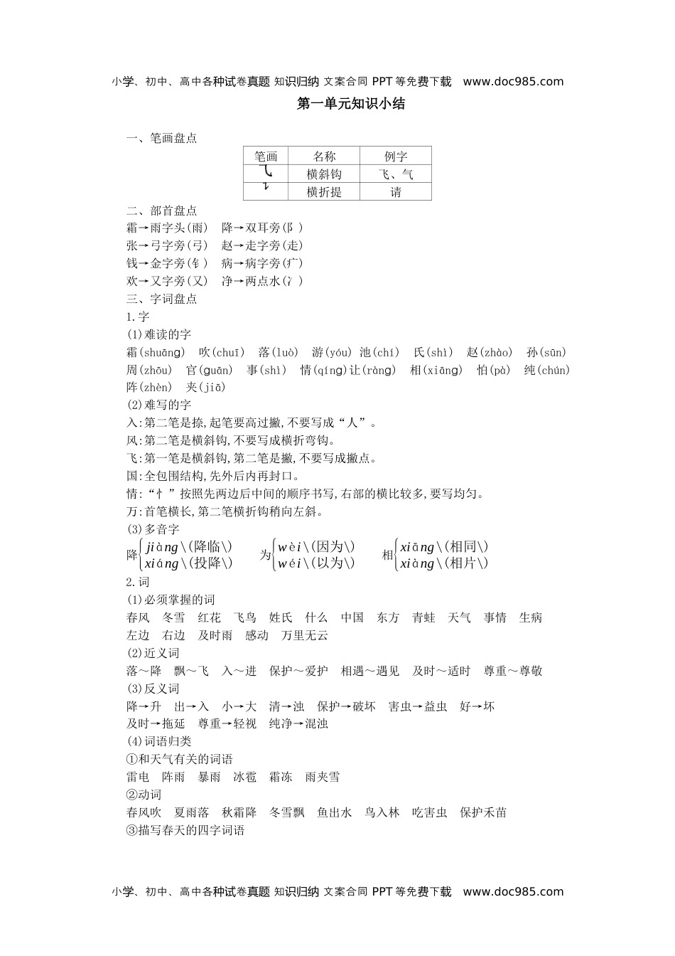 小学一年级语文下册第一单元知识小结.docx