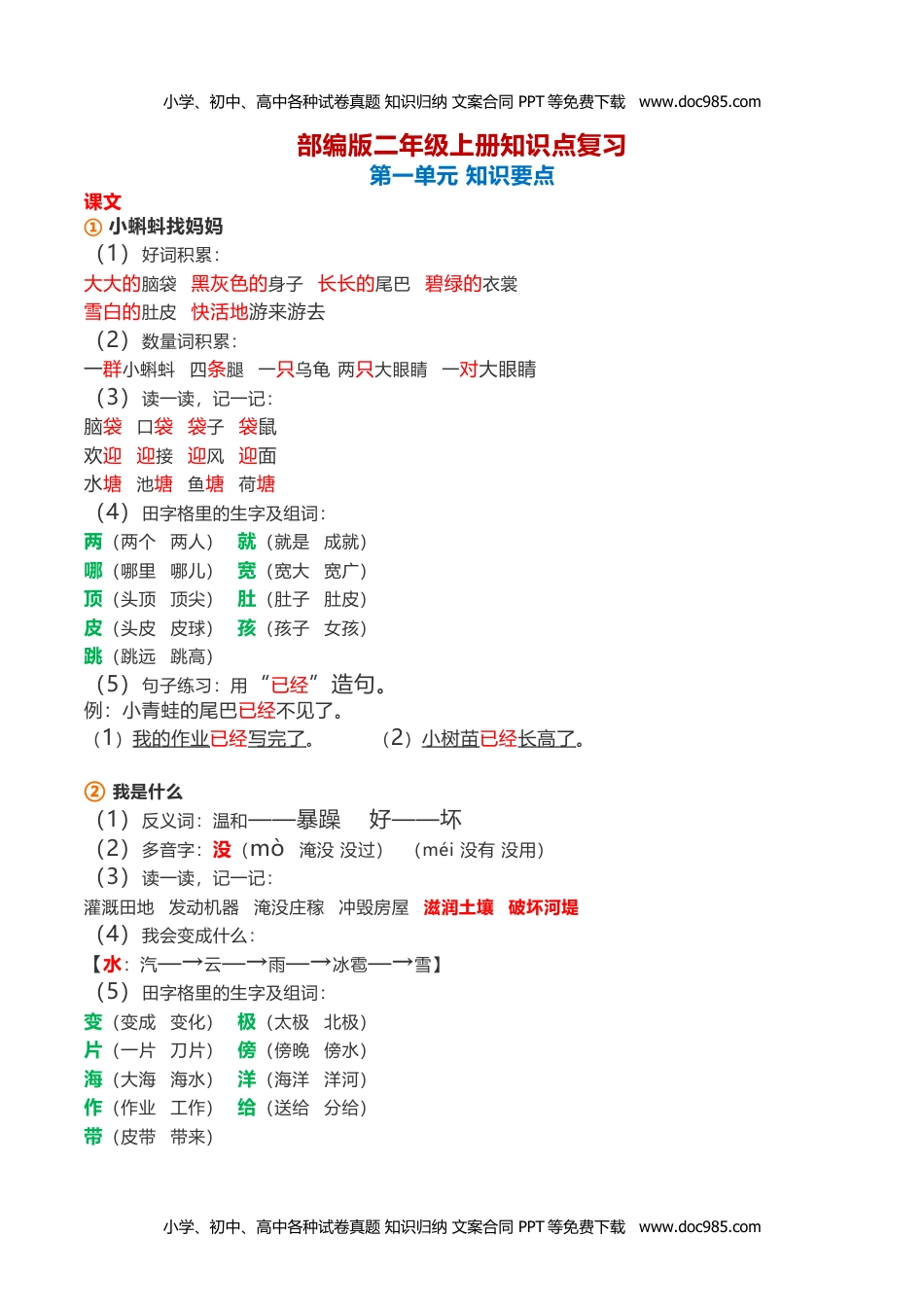 小学二年级语文上册全册课文知识点.docx