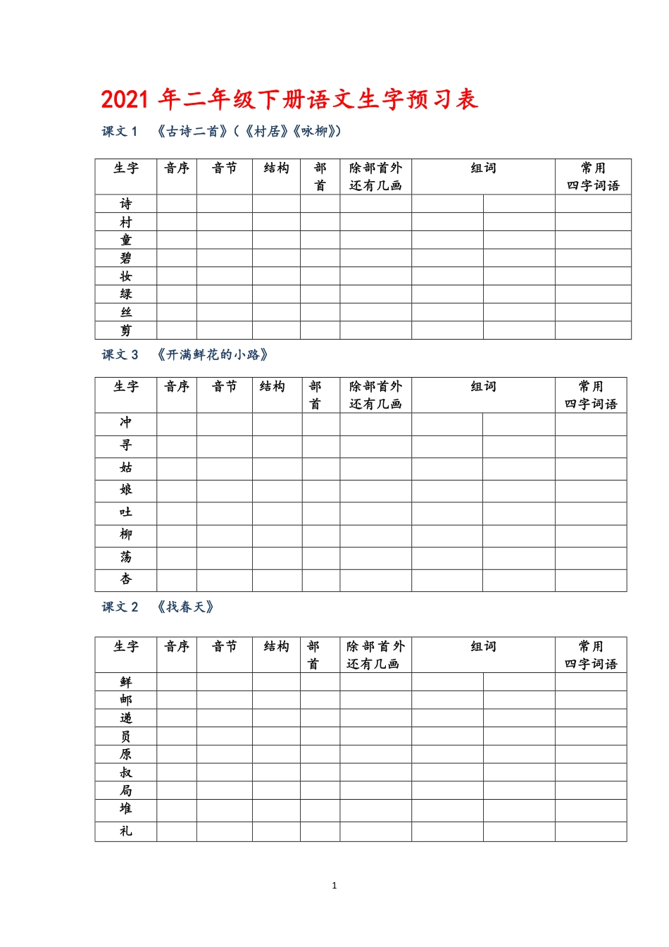 小学二年级下册语文生字预习表.pdf