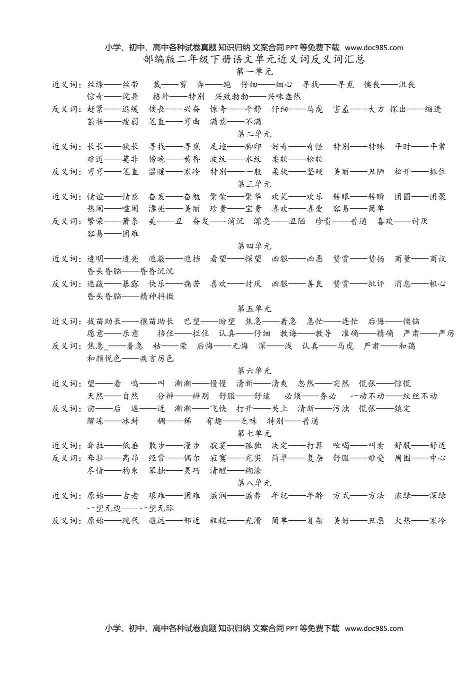 小学语文二年级（部编版）下册语文单元近义词反义词.doc