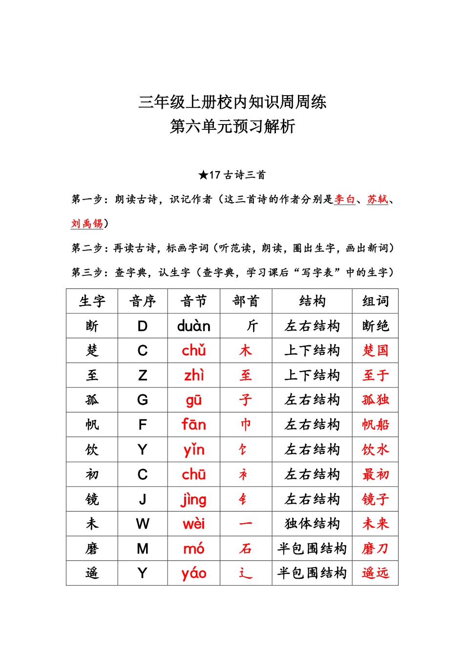 【语文基本功训练营】—三年级上册校内知识周周练第6单元预习解析（部编版）(1).pdf