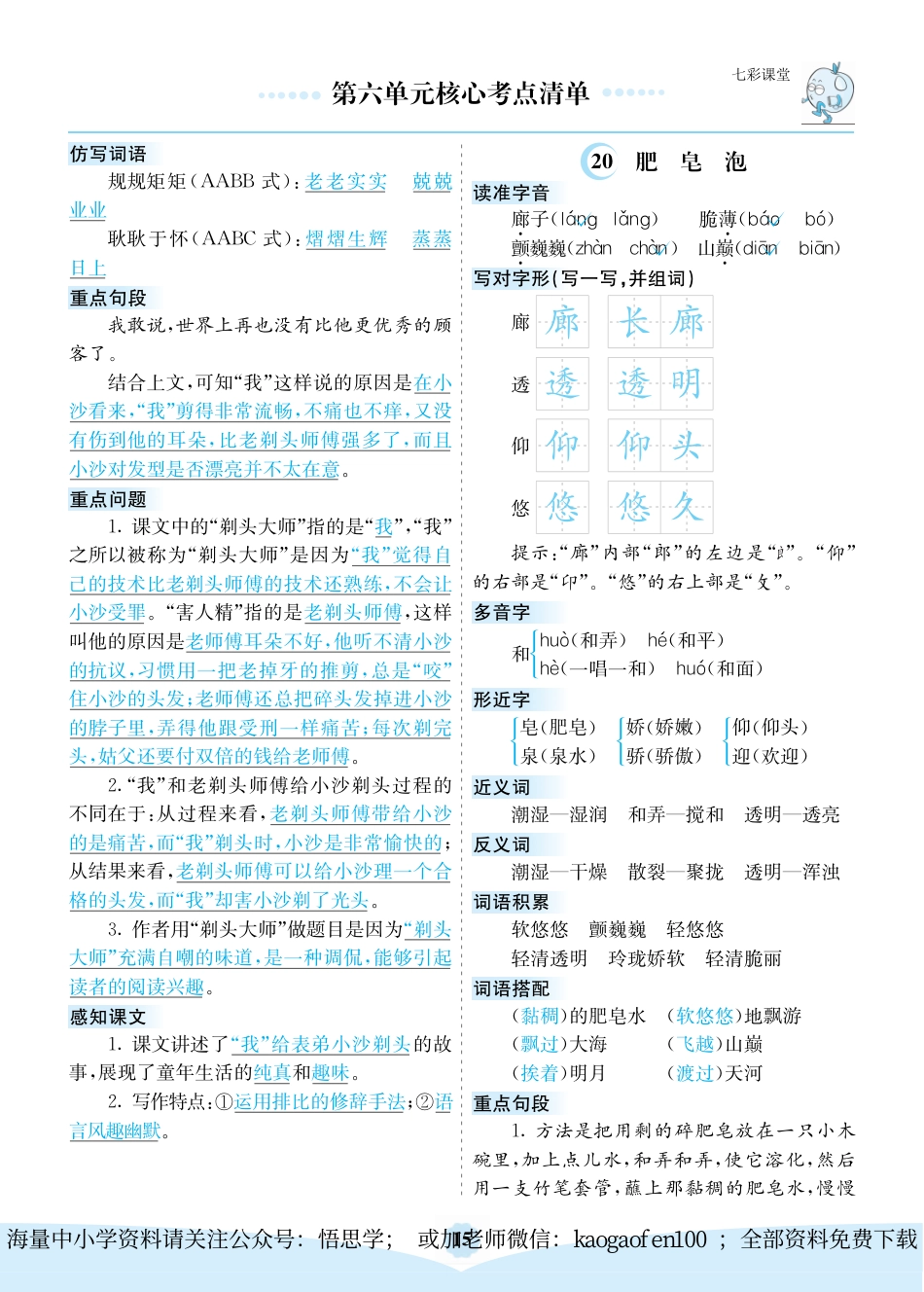 小学三年级下册-部编版语文：第六单元核心考点清单.pdf