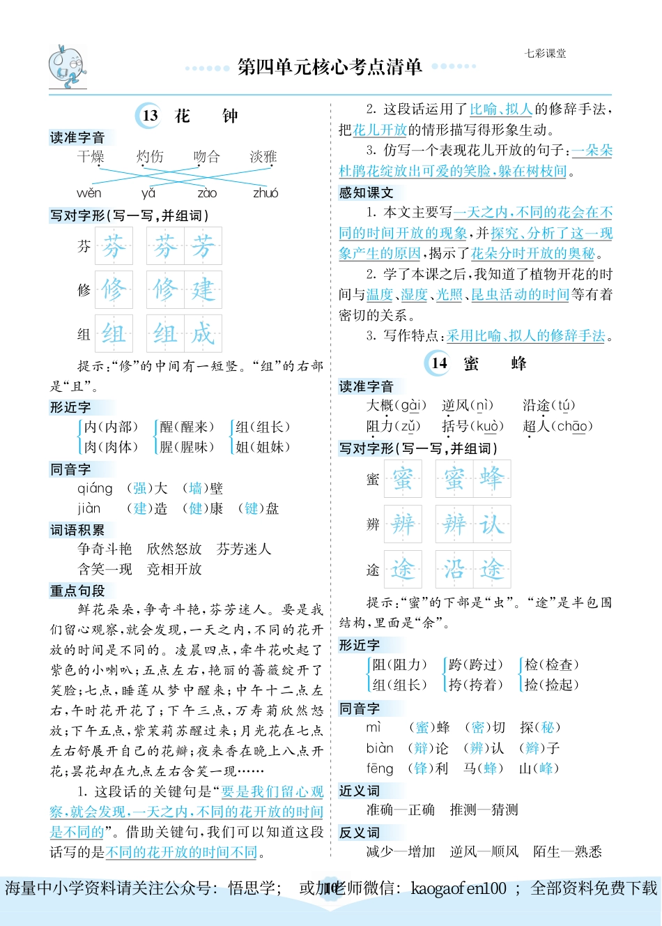 小学三年级下册-部编版语文：第四单元核心考点清单.pdf