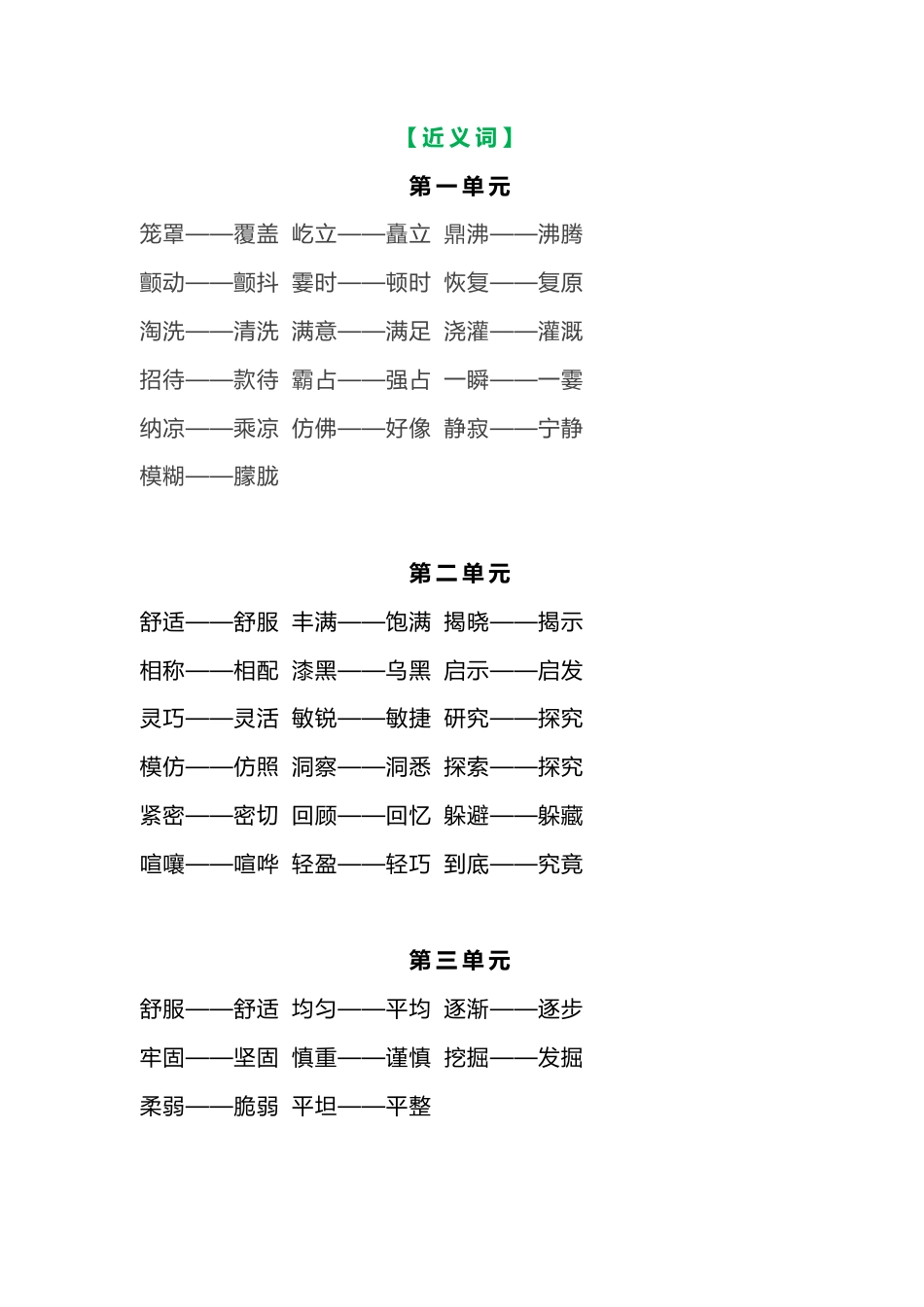 部编语文四年级上册各单元近反义词汇总(1).pdf