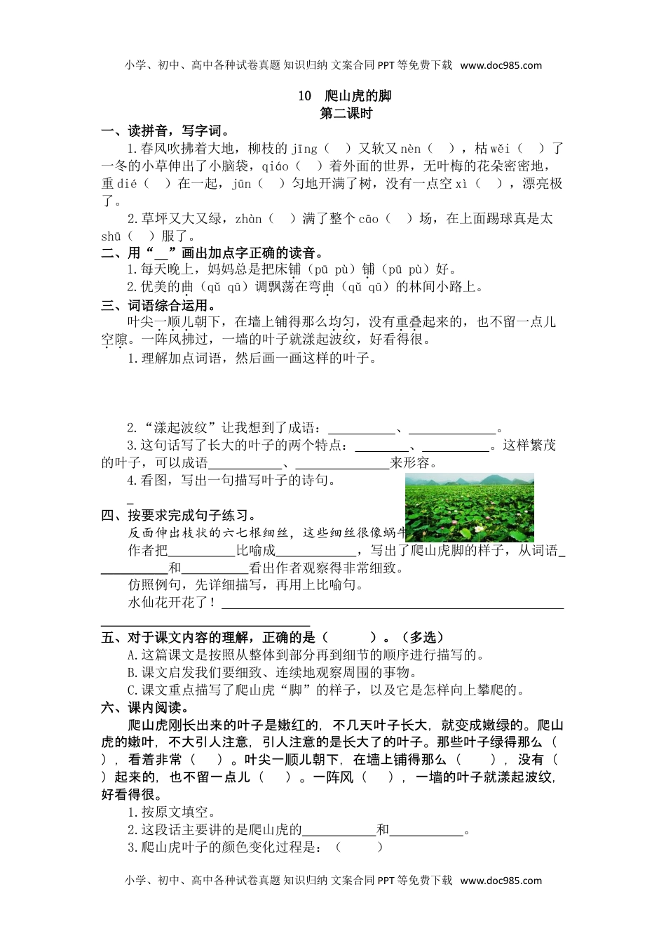 小学语文四年级上册10、爬山虎的脚 课时练.doc