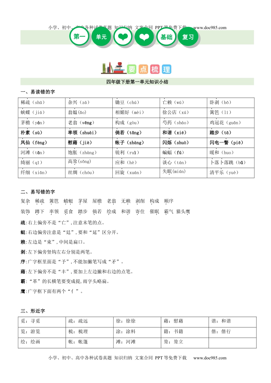 第1单元（知识梳理+检测）（含答案）-2023年四年级语文下册单元复习讲义.docx