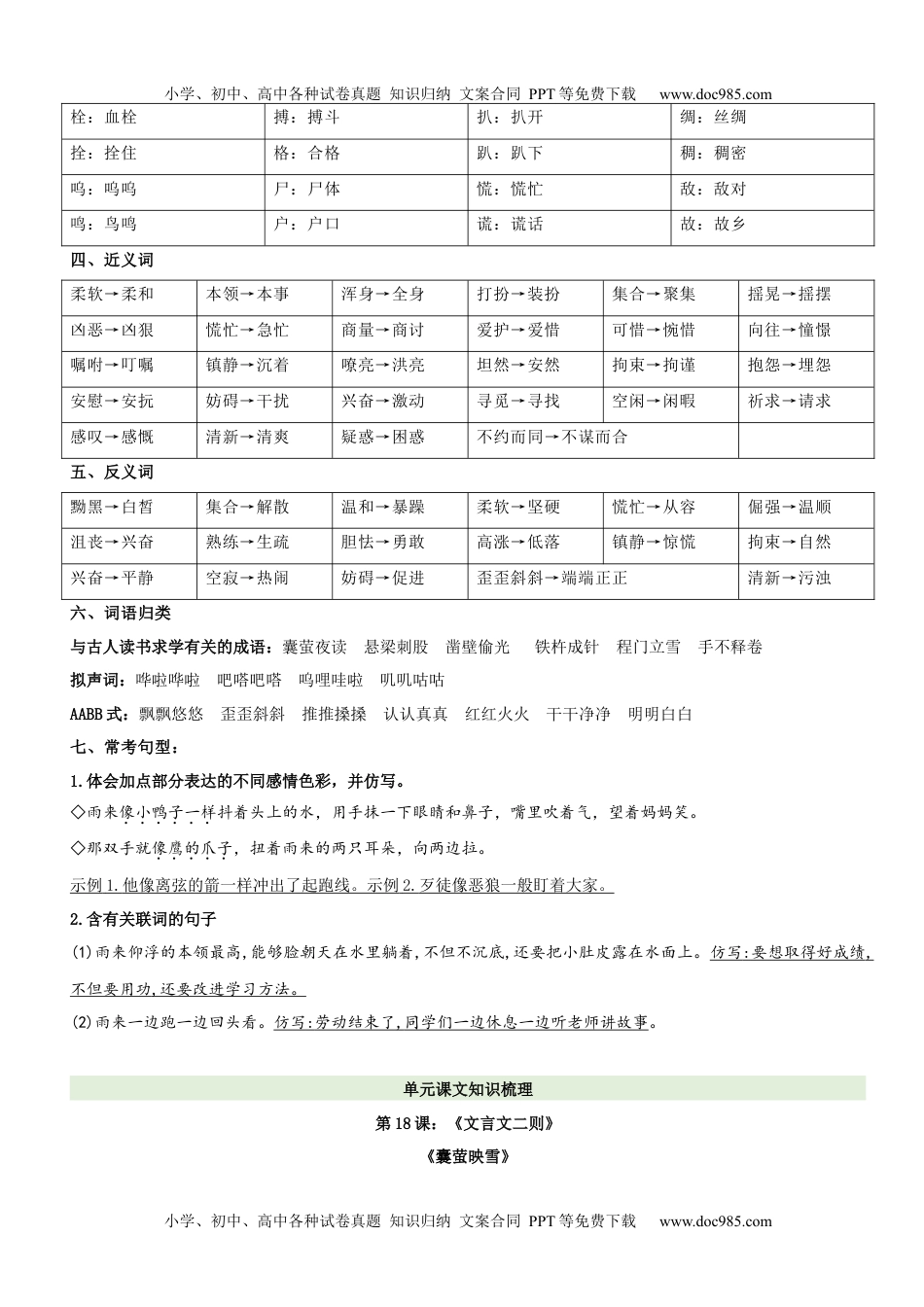 第6单元（知识梳理+检测）（含答案）-2023年四年级语文下册单元复习讲义.docx