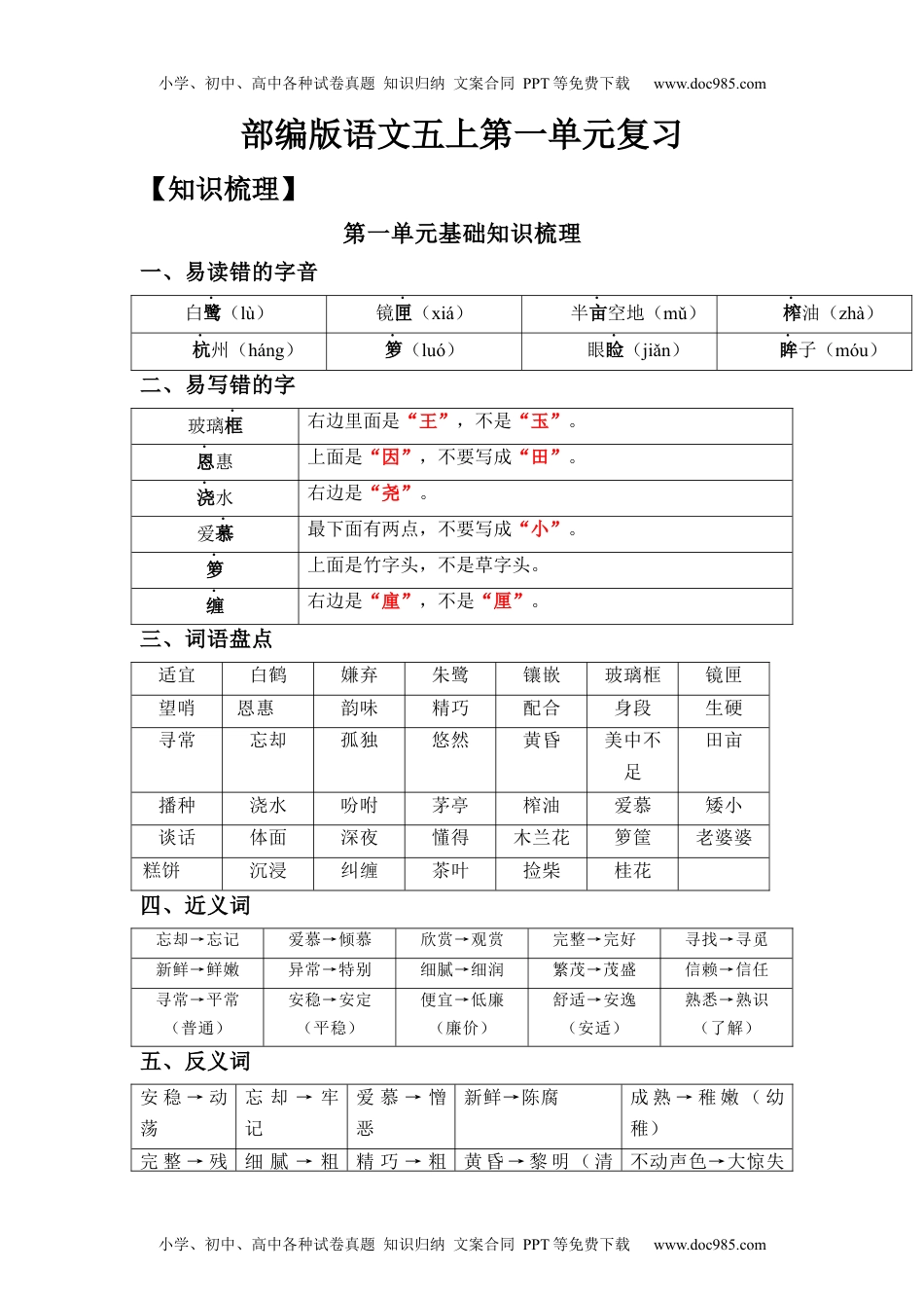 第1单元（知识梳理+检测）（含答案）-2023年五年级语文上册单元复习讲义.docx