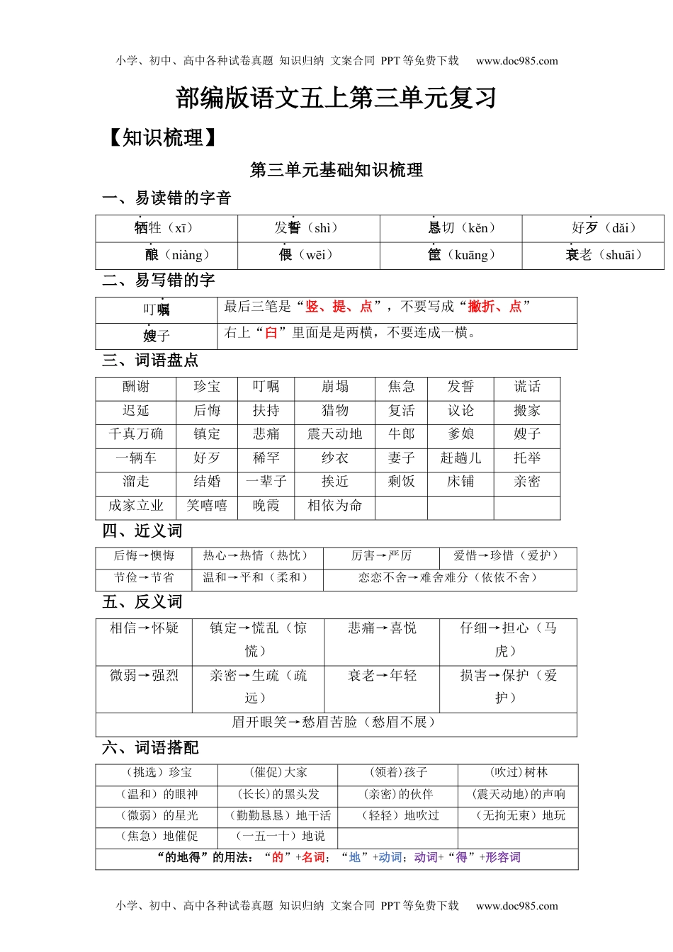 第3单元（知识梳理+检测）（含答案）-2023年五年级语文上册单元复习讲义.docx