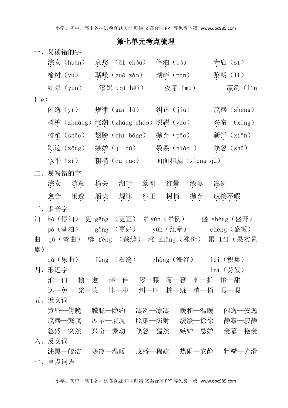 小学语文五年级上册第七单元考点梳理 (1).doc