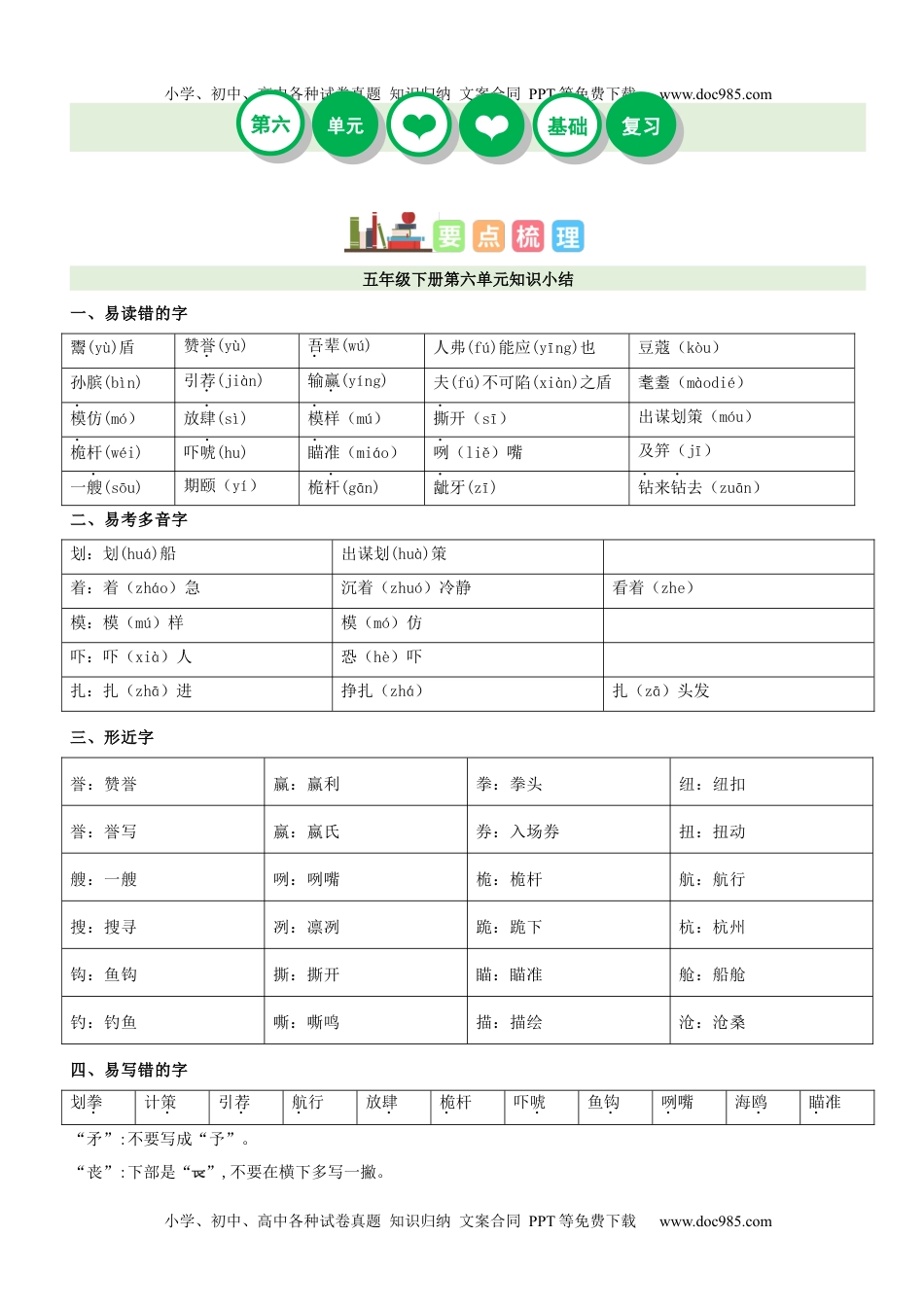 第6单元（知识梳理+检测）（含答案）-2023年五年级语文下册单元复习讲义.docx