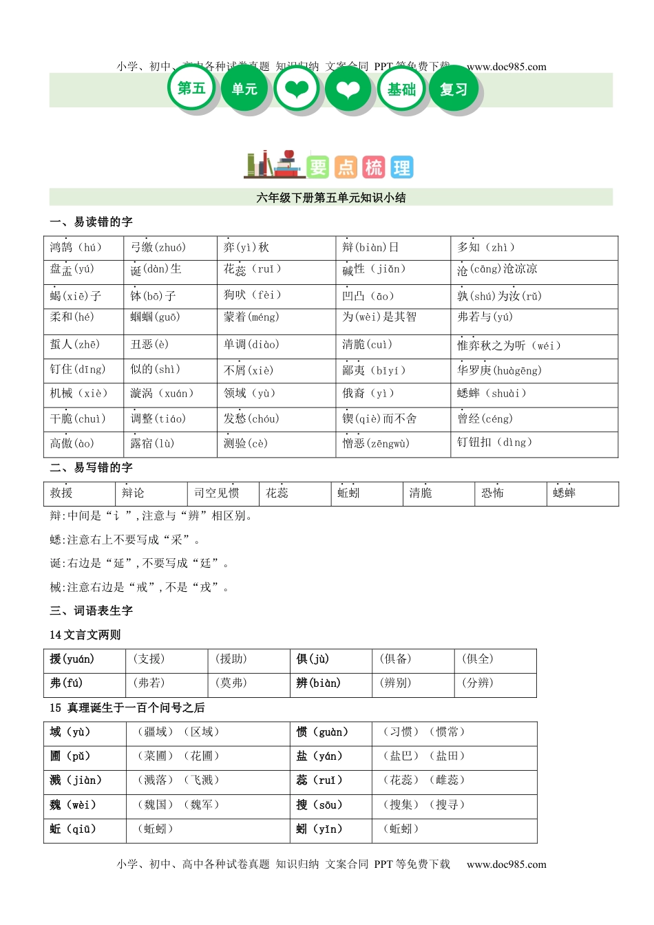 第5单元（知识梳理+检测）（含答案）-2023年六年级语文下册单元复习讲义.docx