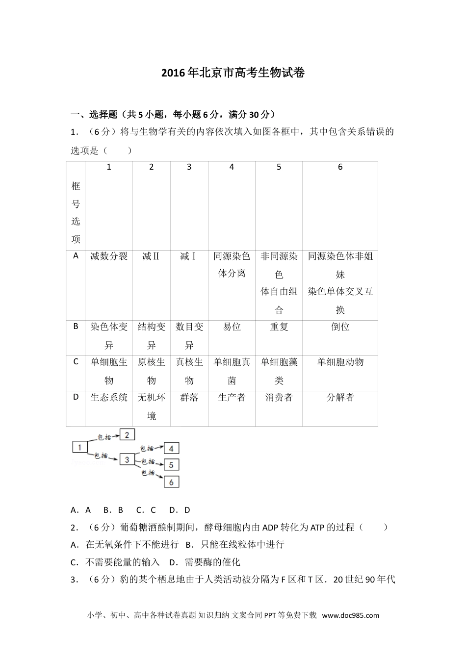 2016年北京市高考生物试卷.doc