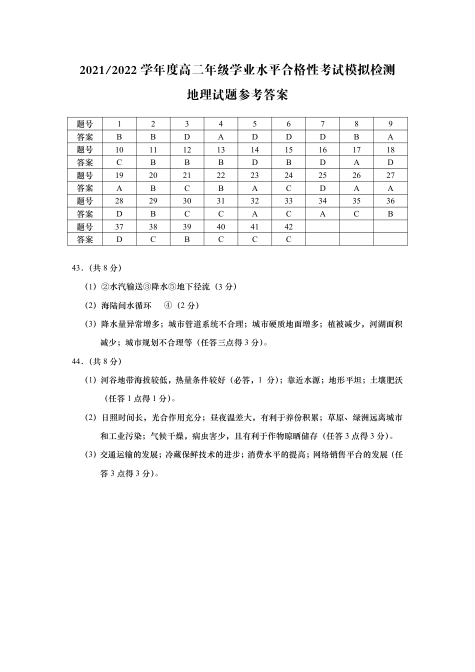 江苏省盐城市2021-2022学年高二学业水平合格性考试模拟检测地理试题参考答案.pdf