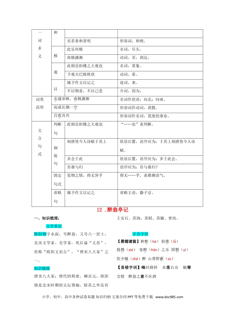 九年级语文上册  第三单元  知识总结（一）.doc