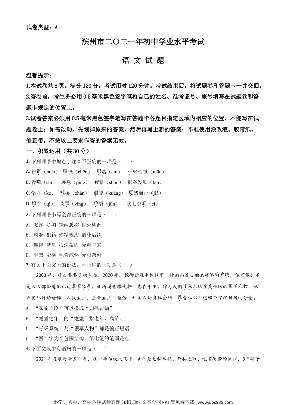 山东省滨州市2021年中考语文试题（原卷版）.doc