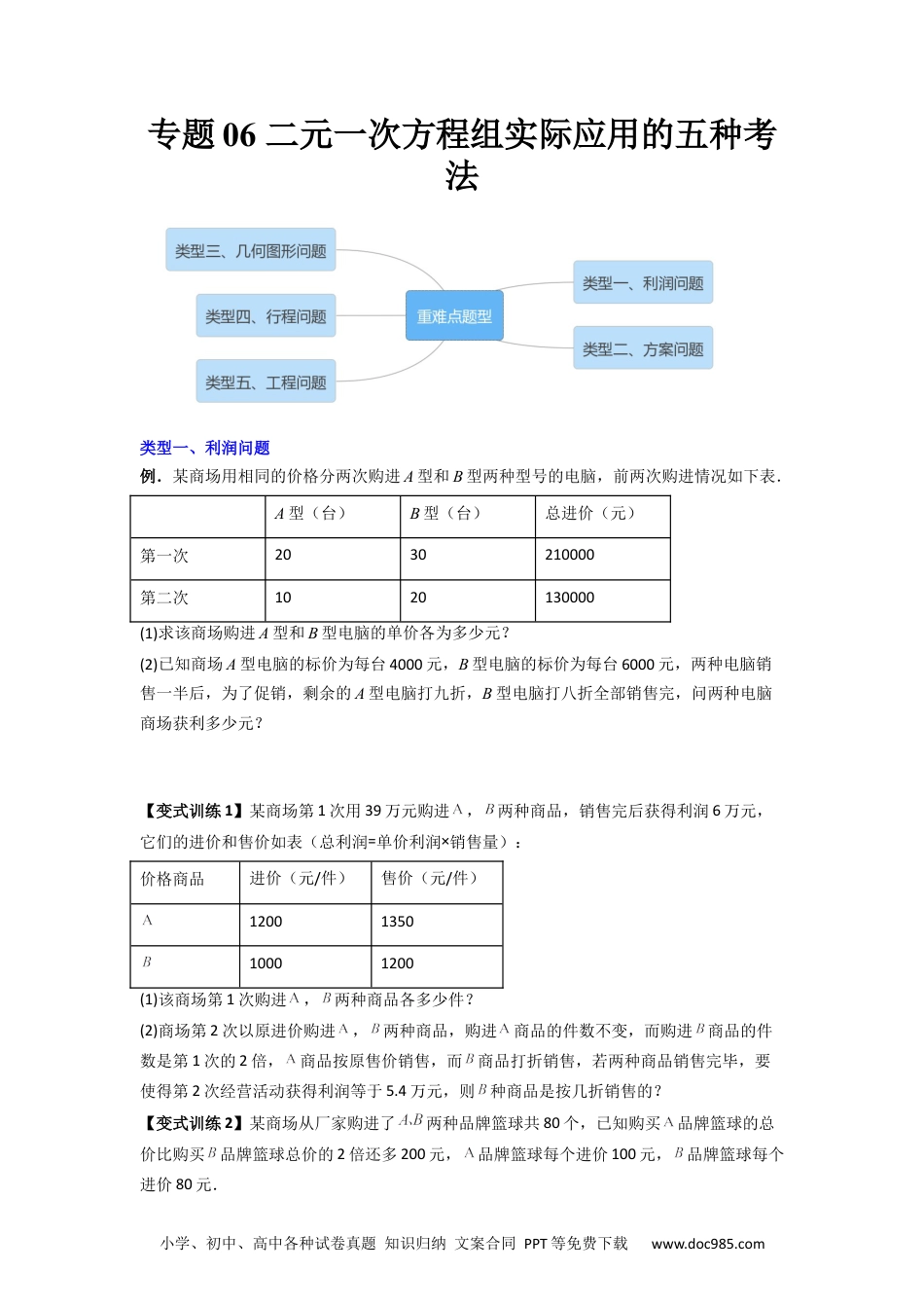 七年级数学下册专题06 二元一次方程组实际应用的五种考法（原卷版）.docx