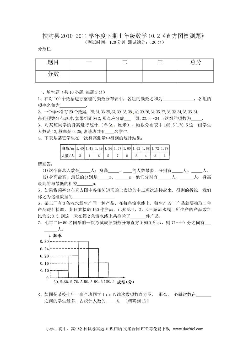 七年级数学下册10.2　直方图　　检测题3.doc