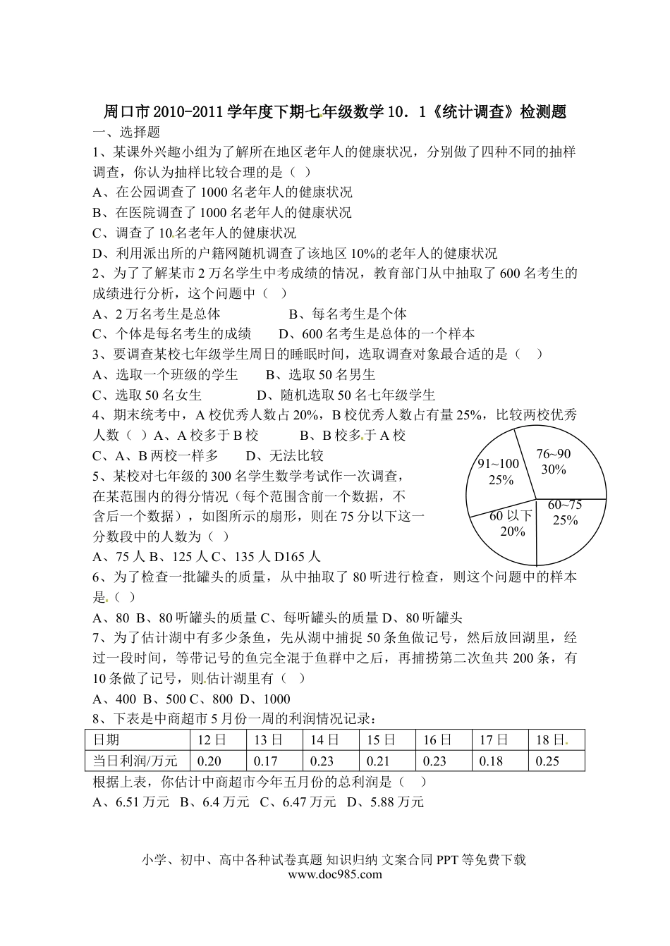 七年级数学下册10.1　统计调查　检测题2.doc