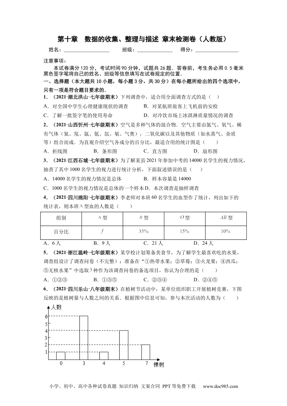 七年级数学下册第十章 数据的收集、整理与描述 章末检测卷-【高频考点】2021-2022学年七年级数学下册高频考点专题突破（人教版）（原卷版）.docx