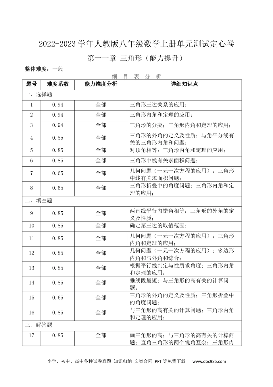 人教八年级数学上册 第十一章 三角形（能力提升）-2023单元测试-（知识清单）.docx